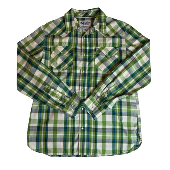 Levi Strauss Signature Other - Levis Green Plaid Pearl Snap Button Up Long Sleeve Vintage Style Mens Shirt Sz M